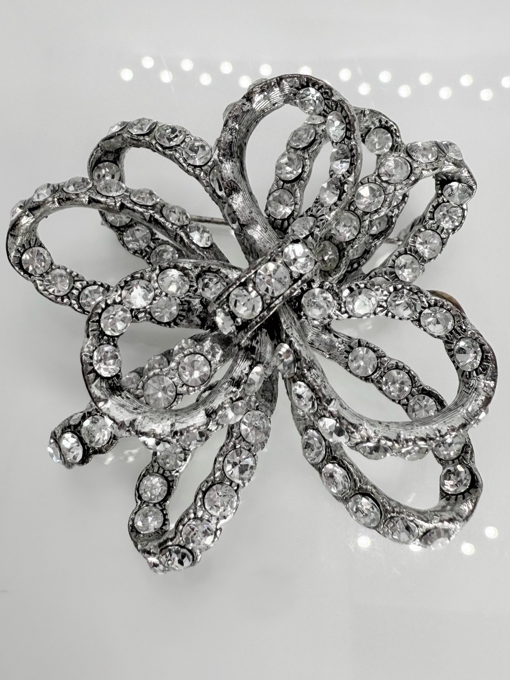 Silver Tone Pave Rhinestone Bow Brooch Pin